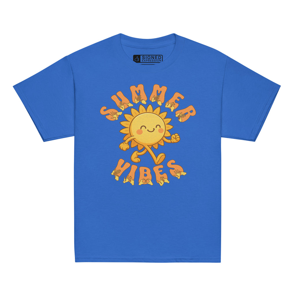 Royal kids’ t-shirt with a smiling cartoon sunshine and the phrase “summer vibes” in bold textured font, each letter showing British Sign Language fingerspelling underneath.
