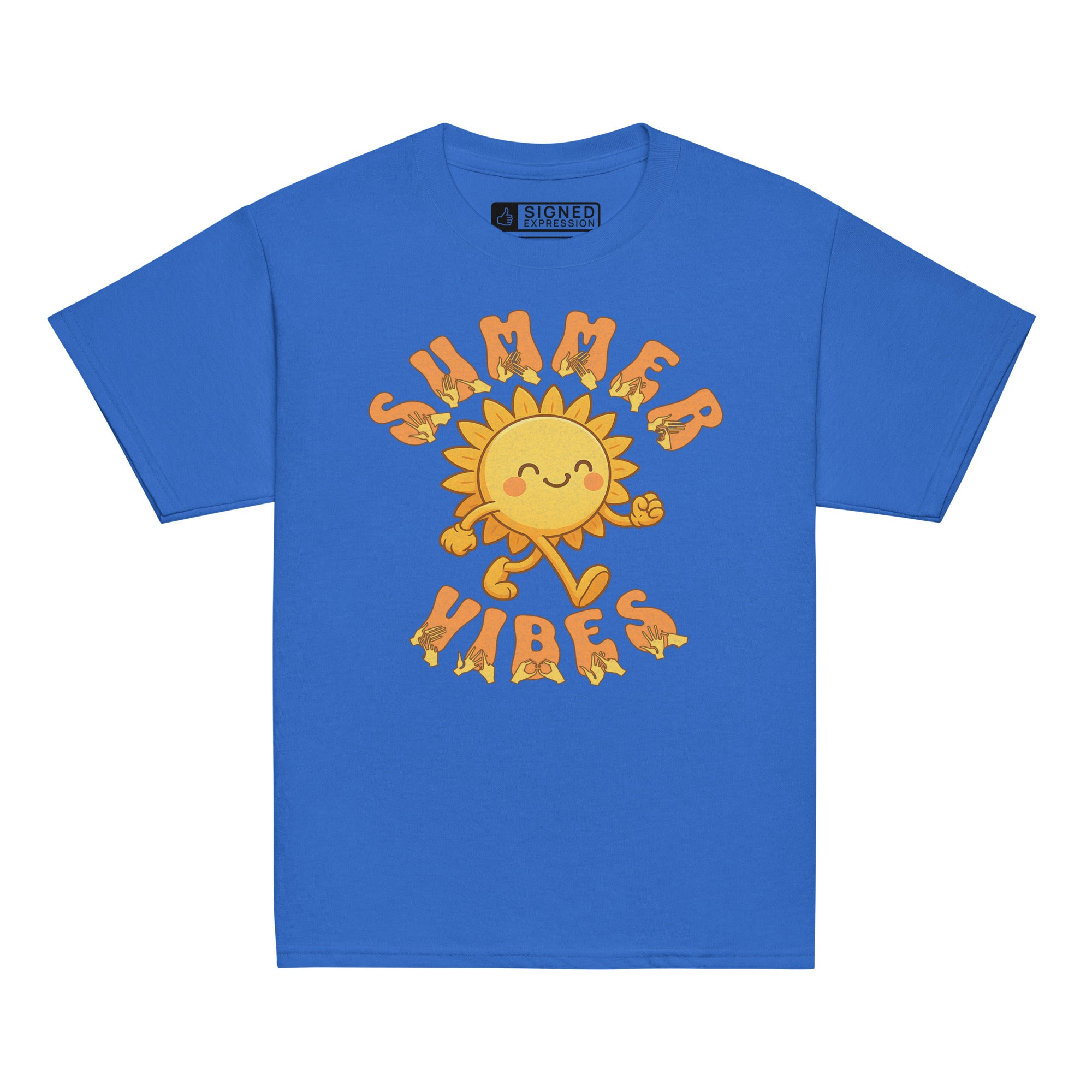Royal kids’ t-shirt with a smiling cartoon sunshine and the phrase “summer vibes” in bold textured font, each letter showing British Sign Language fingerspelling underneath.