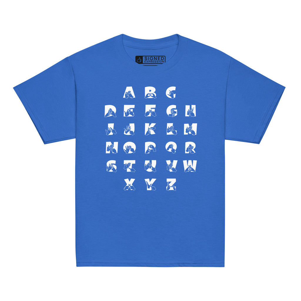 Front view of a royal t-shirt with BSL Alphabet - White Fingerspelling & Text