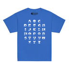 Front view of a royal t-shirt with BSL Alphabet - White Fingerspelling & Text