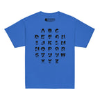 Front view of a royal t-shirt with BSL Alphabet - Black Fingerspelling & Text