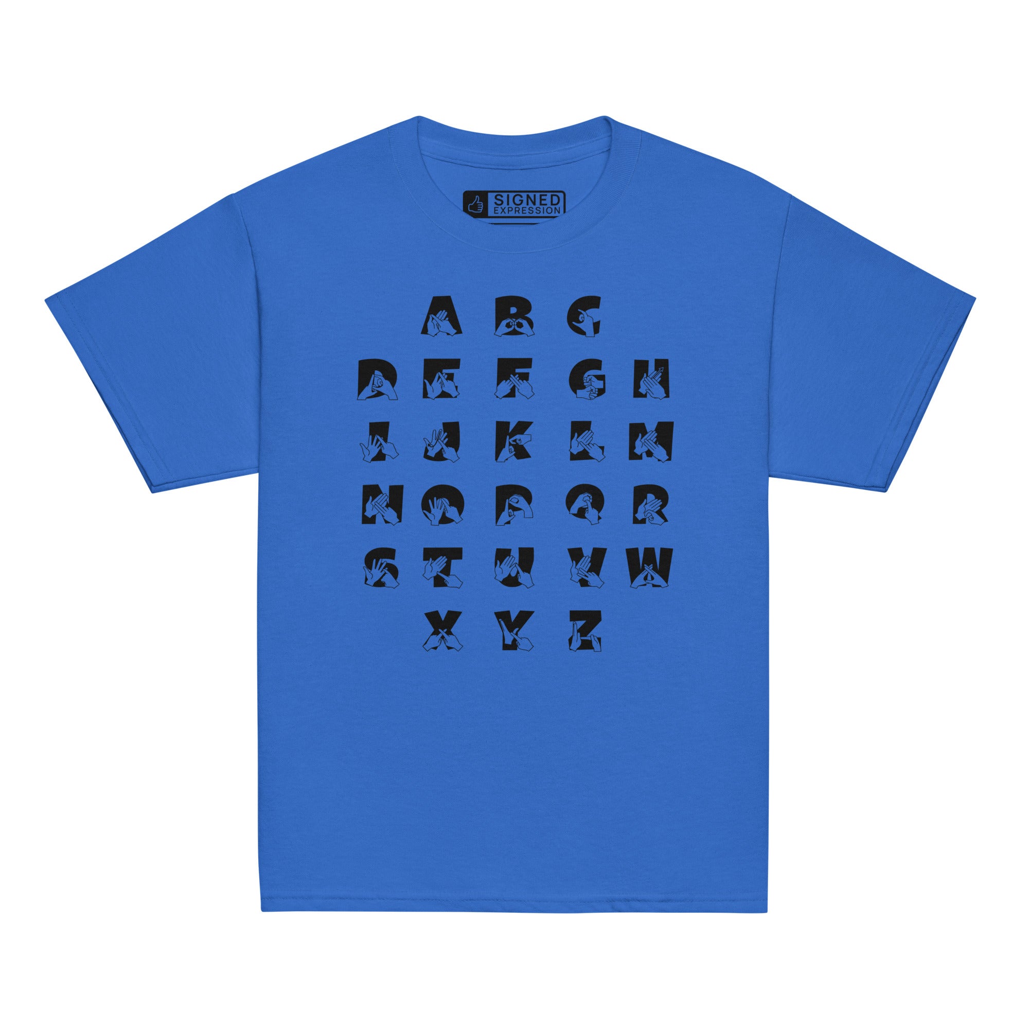 Front view of a royal t-shirt with BSL Alphabet - Black Fingerspelling & Text