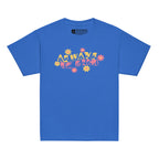 Front view of a royal T-shirt featuring the phrase 'Always Be Kind' in a combination of BSL fingerspelling and text, accented with a delicate floral design.