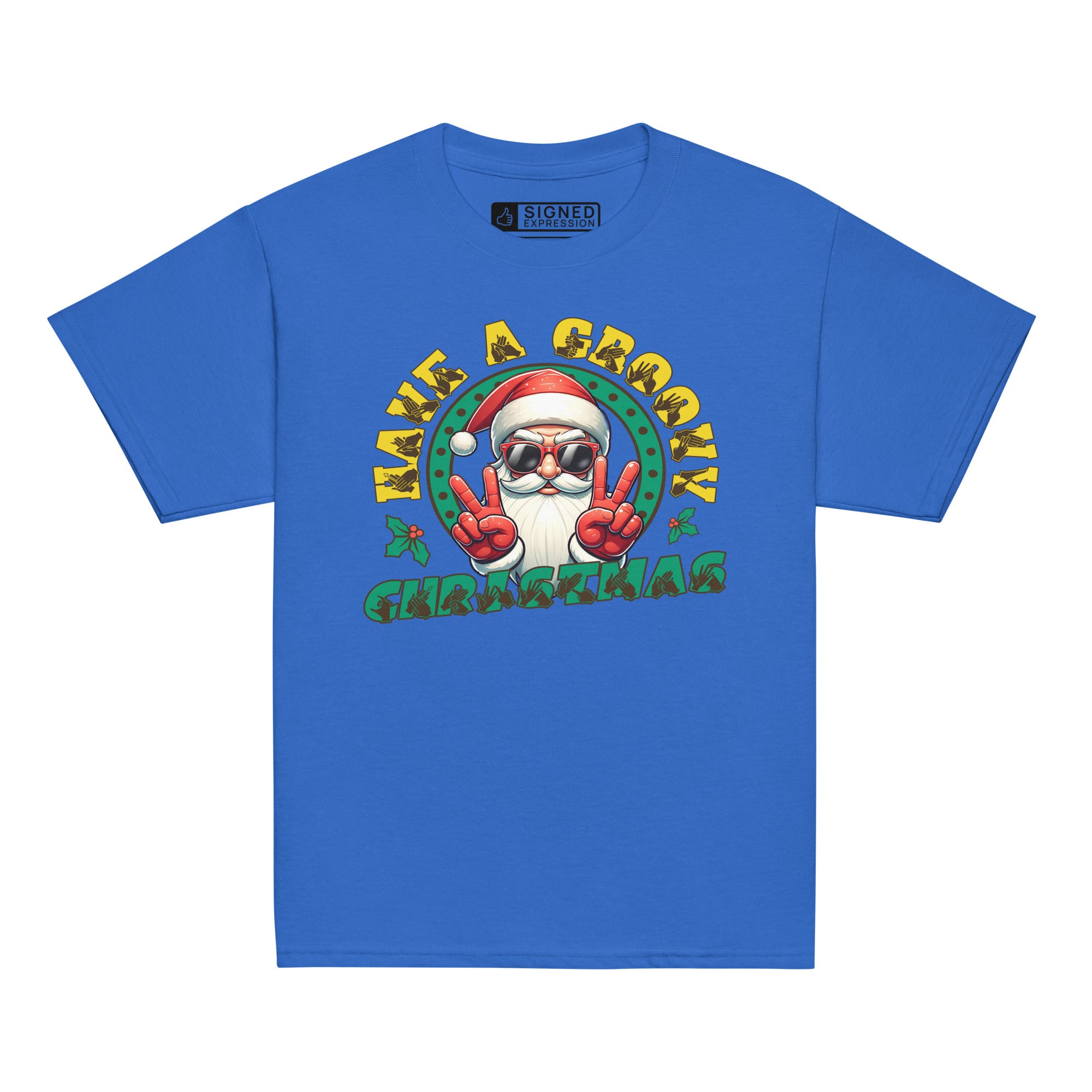 Royal coloured Have A Groovy Christmas kids t-shirt with BSL design.