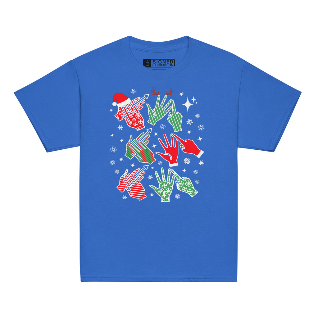 Royal coloured Merry Christmas sweatshirt saying HO HO HO in BSL fingerspelling.