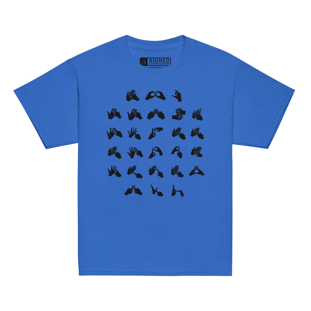 Front view of a royal t-shirt with BSL Alphabet - Black Fingerspelling