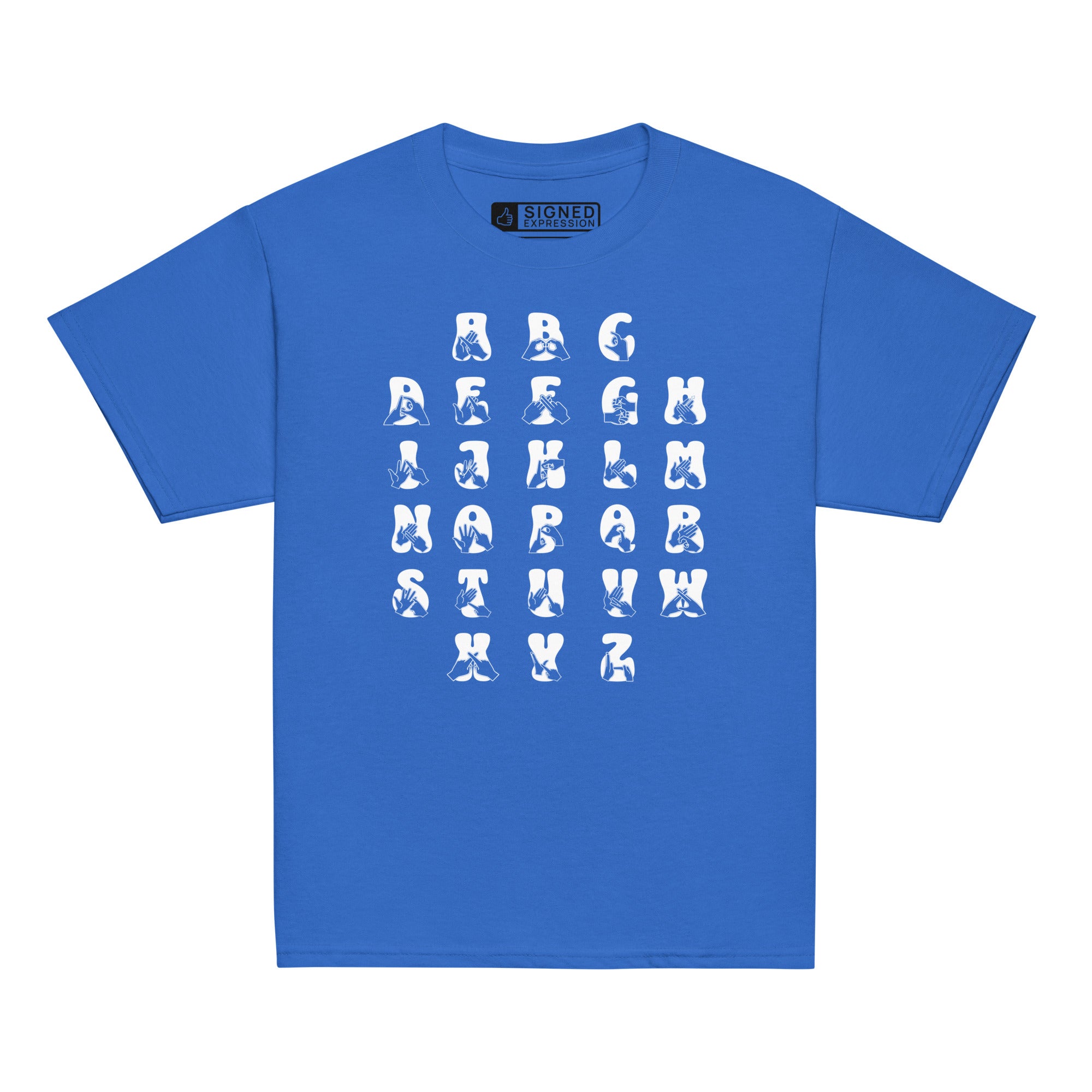 Front view of a royal t-shirt with BSL Alphabet - White Fingerspelling & Text