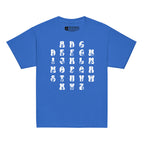 Front view of a royal t-shirt with ASL Alphabet - White Fingerspelling & Text