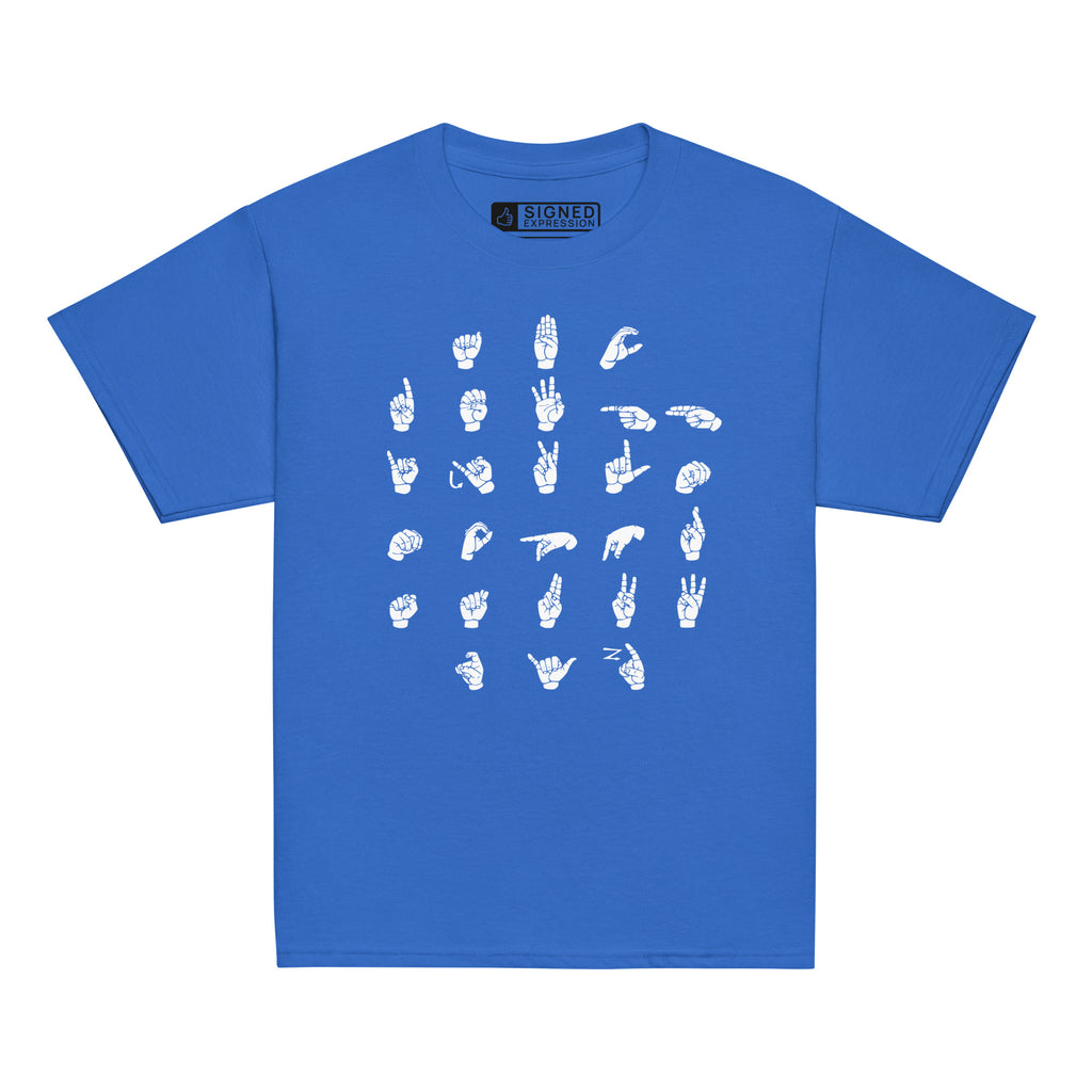 Front view of a royal t-shirt with ASL Alphabet - White Fingerspelling