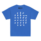 Front view of a royal t-shirt with ASL Alphabet - White Fingerspelling