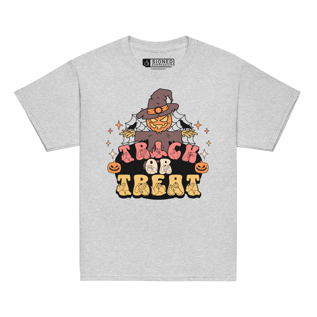 Sport grey coloured kids Halloween scarecrow trick or treat t-shirt with BSL design.