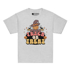Sport grey coloured kids Halloween scarecrow trick or treat t-shirt with BSL design.