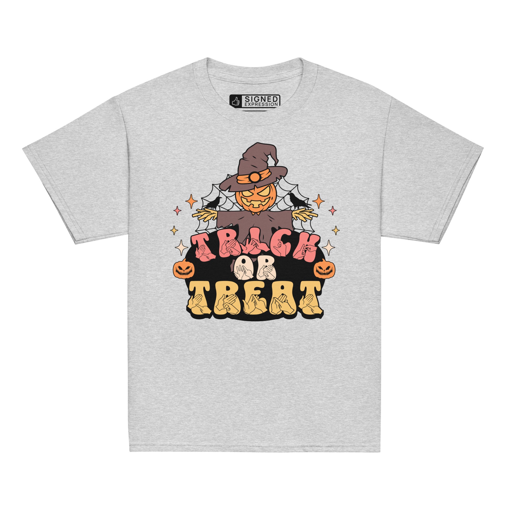 Sport grey coloured kids Halloween scarecrow trick or treat t-shirt with BSL design.