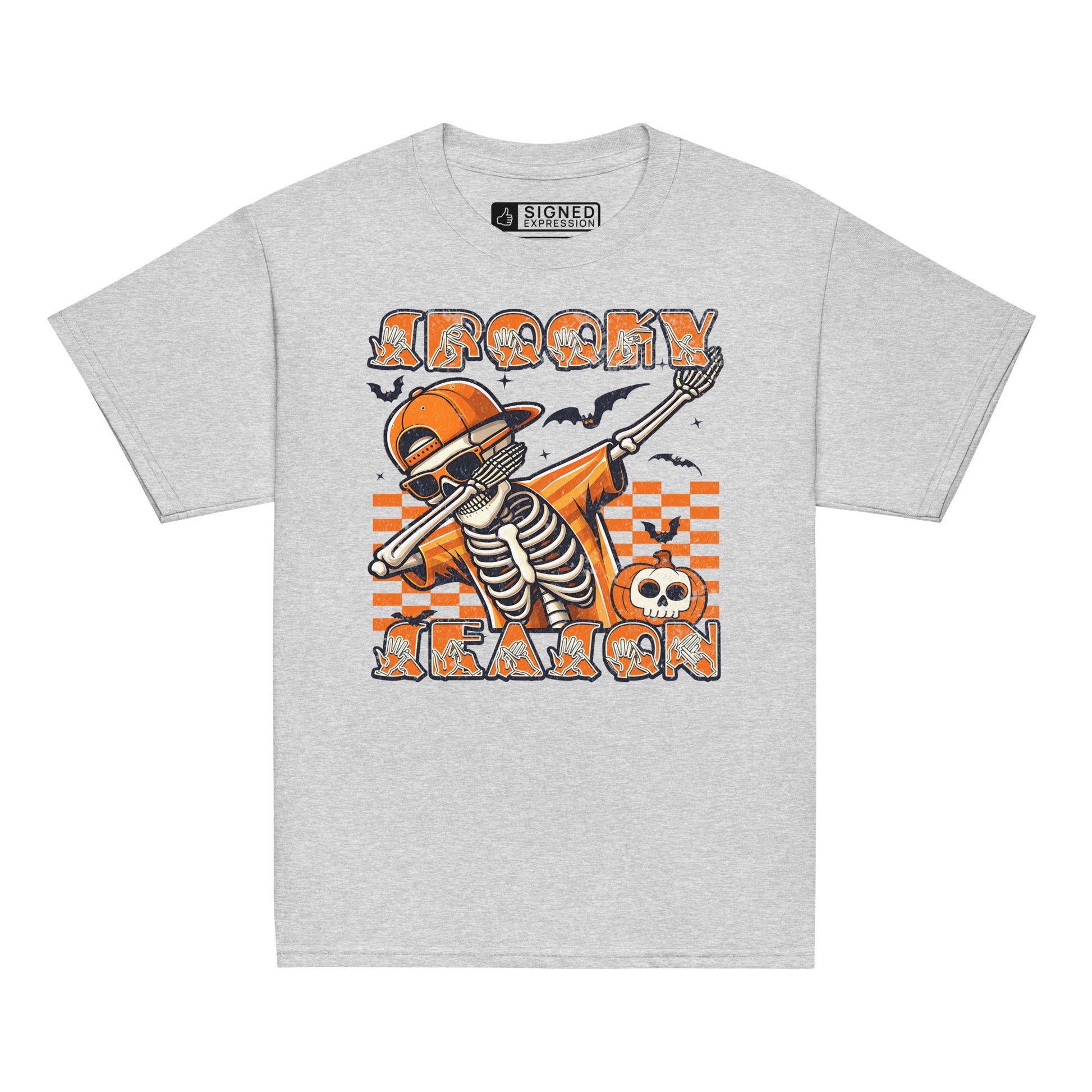 Sport grey coloured Kids Halloween skeleton dab t-shirt with BSL spooky season design.