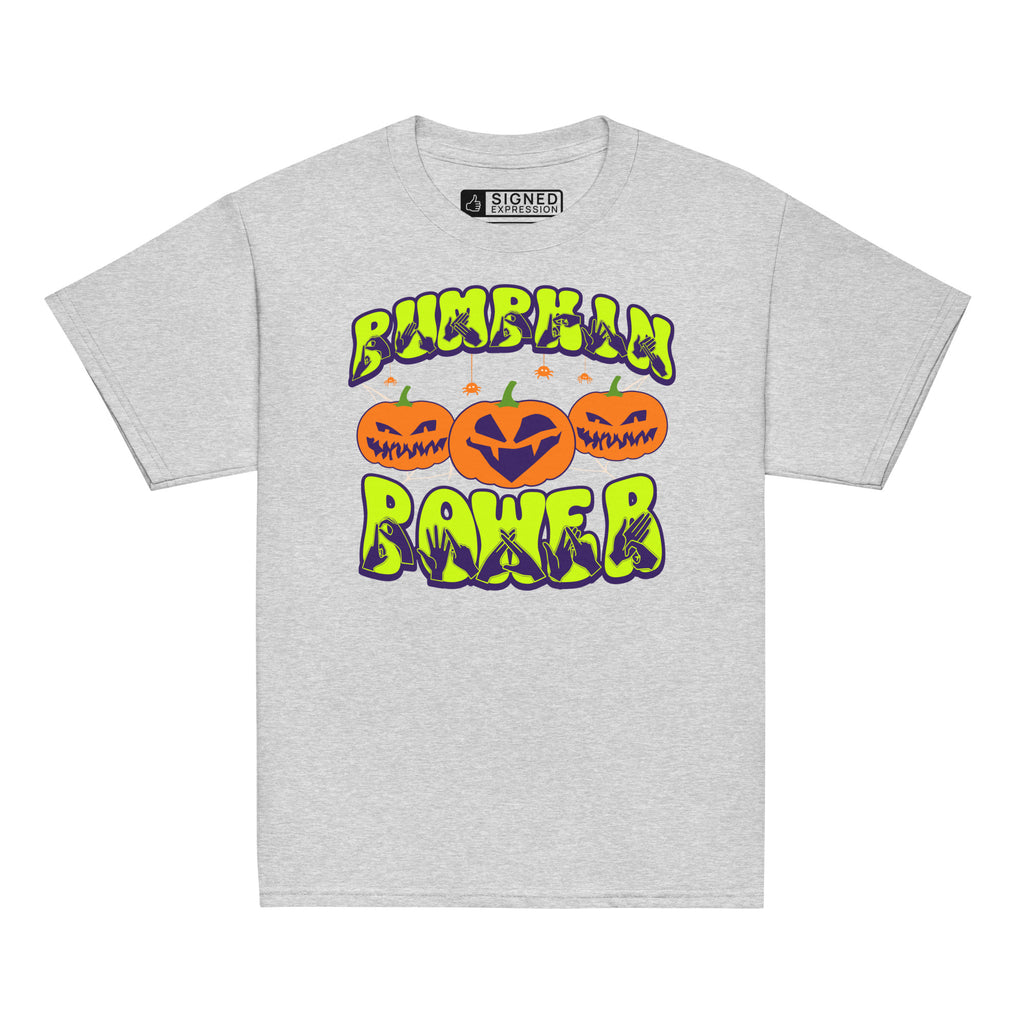 Sports grey coloured kids pumpkin power Halloween t-shirt with BSL design.