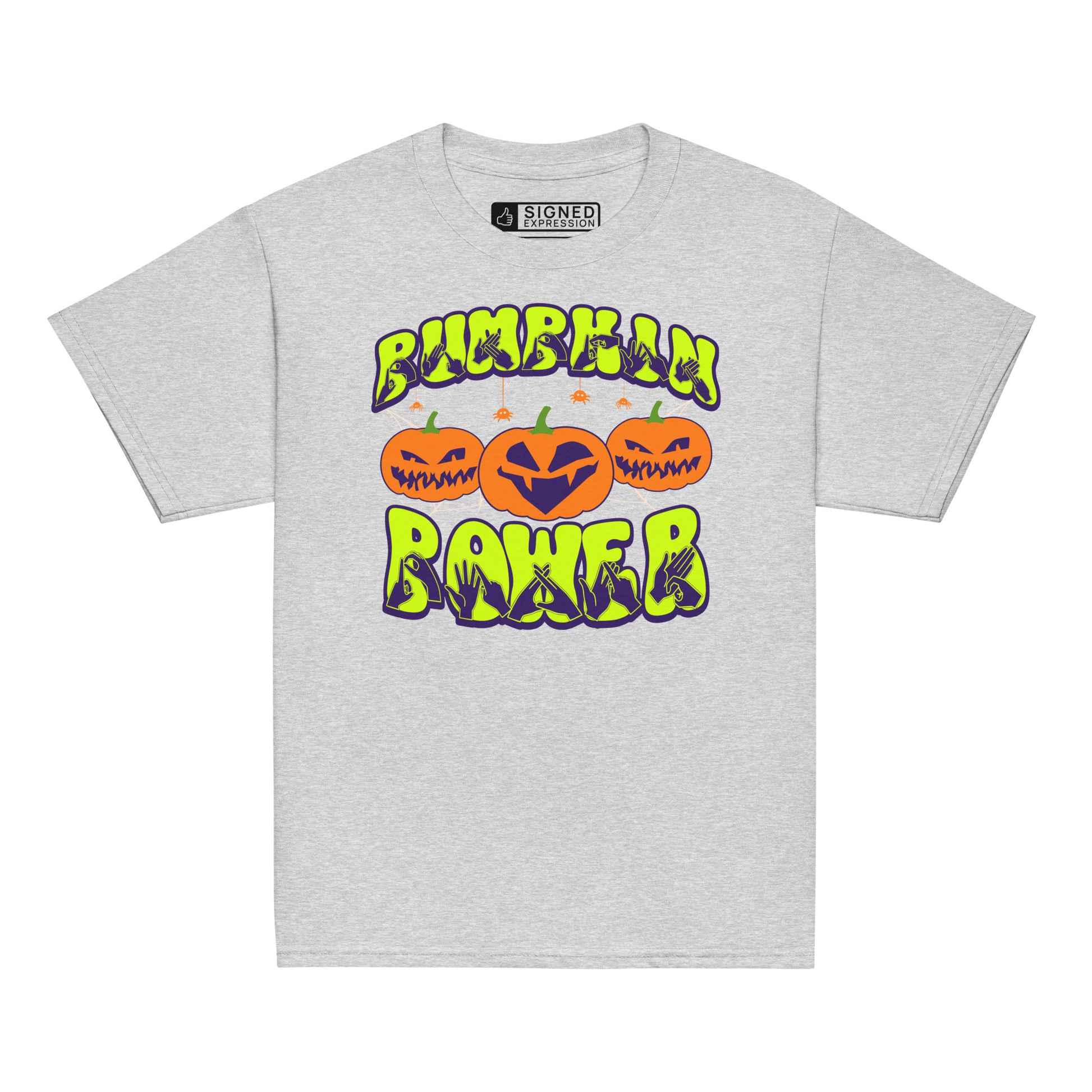 Sports grey coloured kids pumpkin power Halloween t-shirt with BSL design.