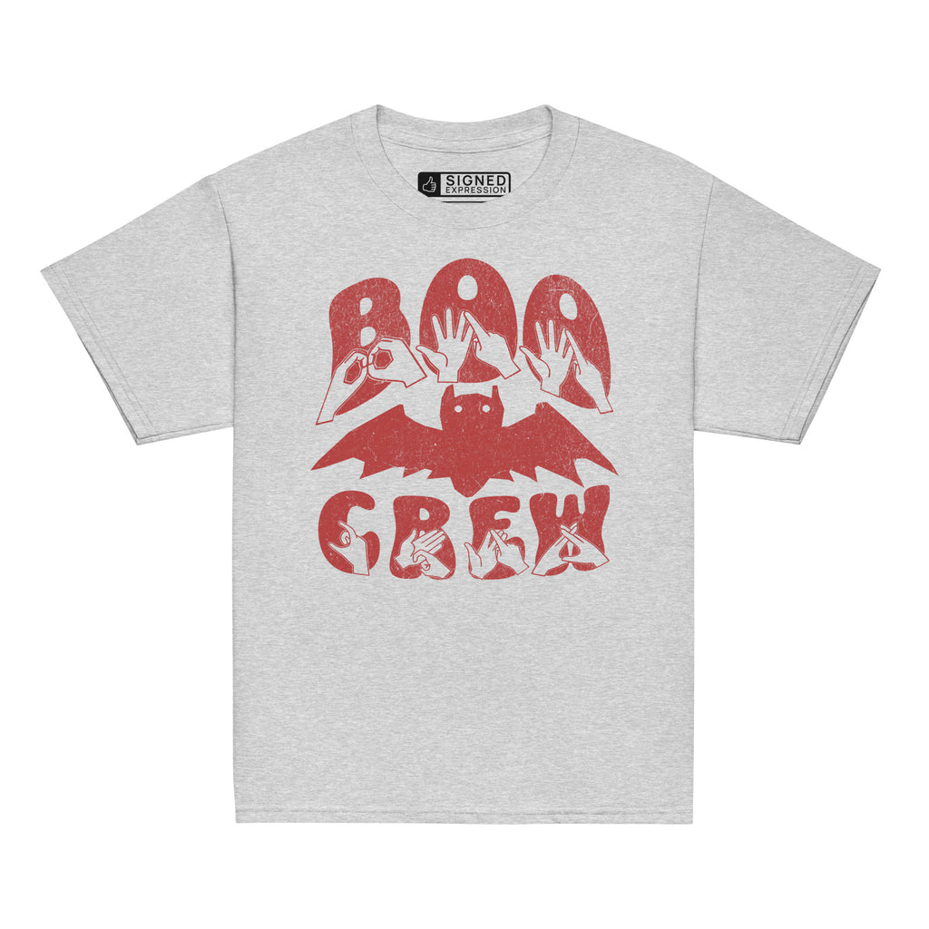 Sports grey coloured kids Boo Crew bat Halloween t-shirt with BSL design.