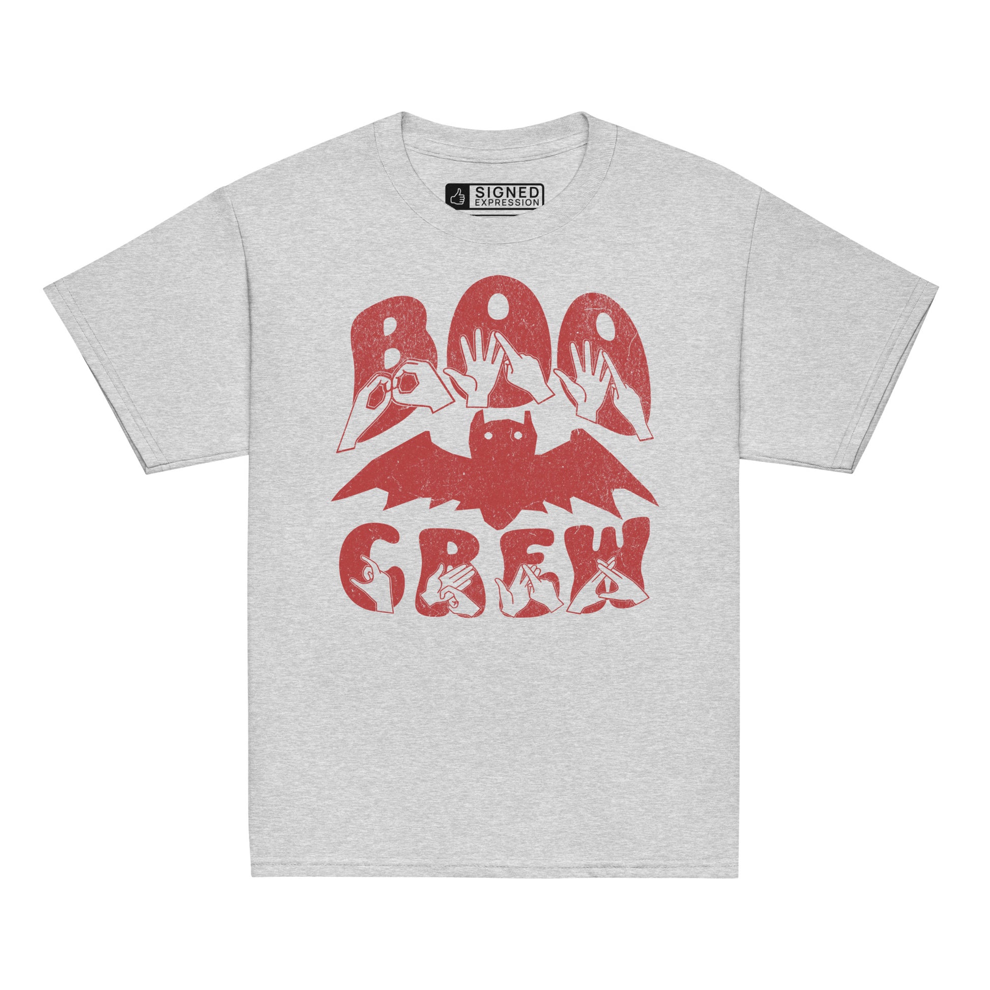 Sports grey coloured kids Boo Crew bat Halloween t-shirt with BSL design.
