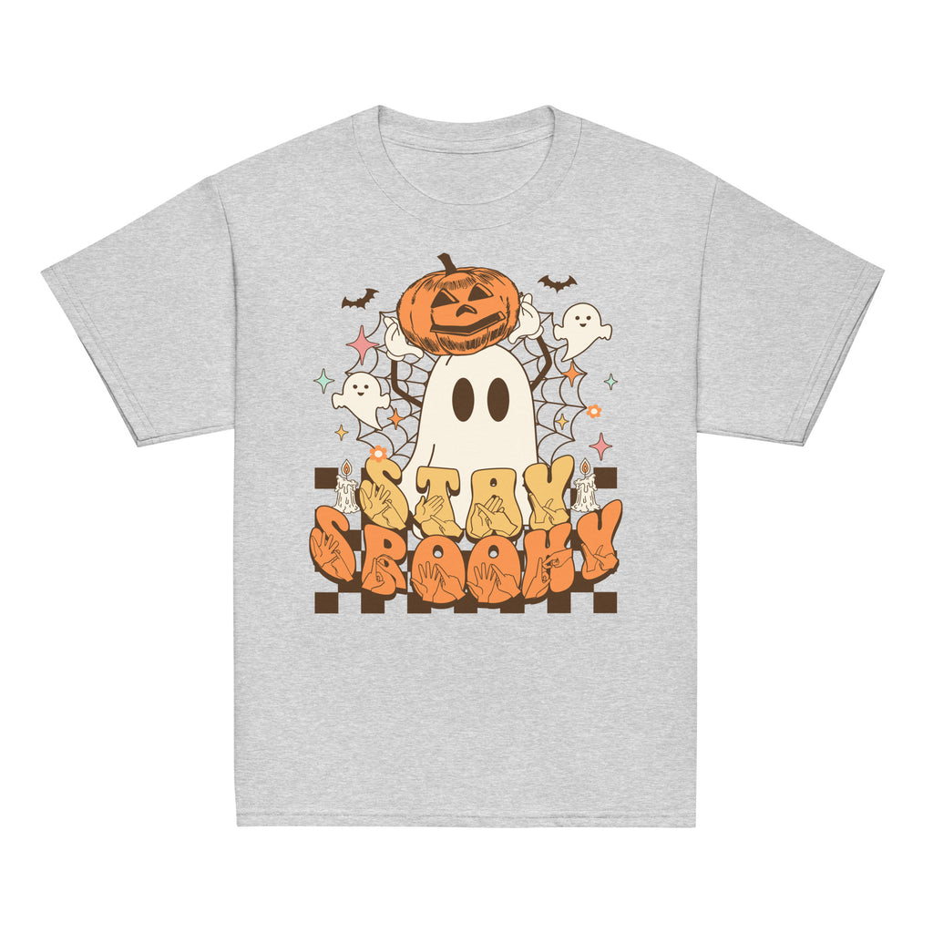 Sports grey coloured kids Stay Spooky ghost pumpkin Halloween t-shirt with BSL design.