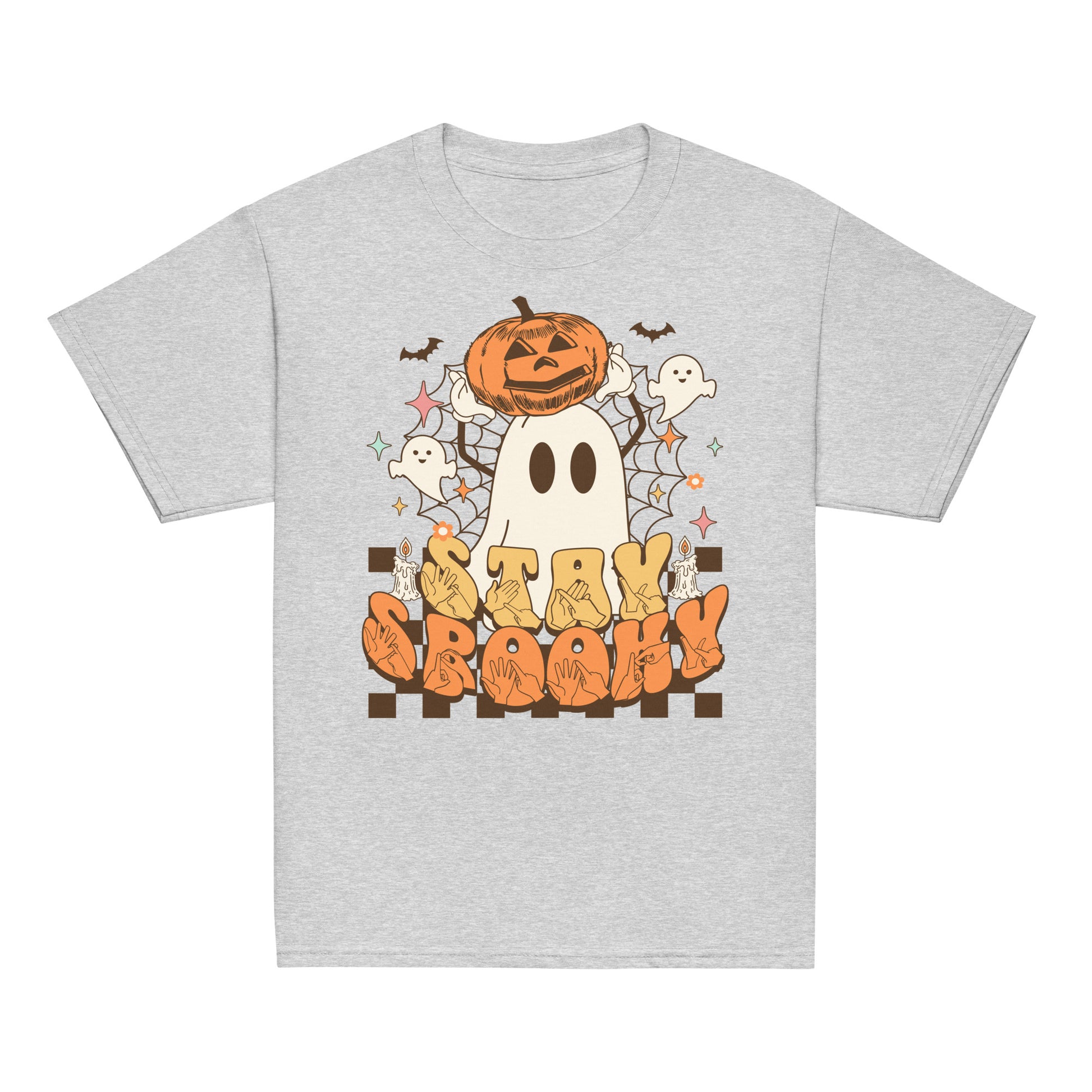 Sports grey coloured kids Stay Spooky ghost pumpkin Halloween t-shirt with BSL design.