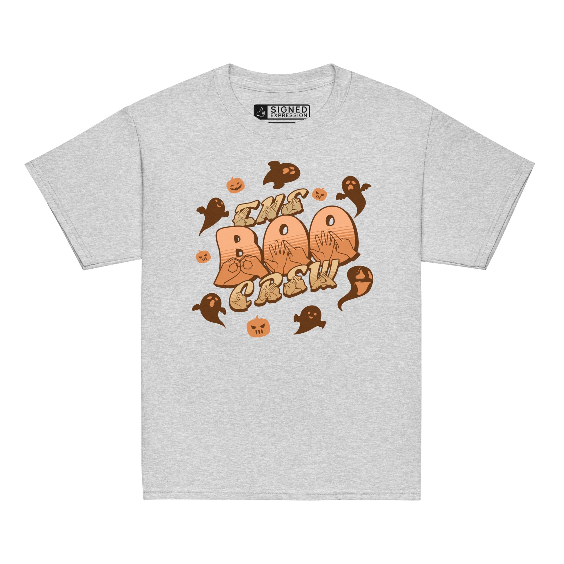 Sports grey coloured kids Boo Crew Halloween t-shirt with pumpkins, ghosts, and BSL design.