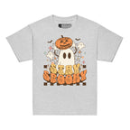 Sports grey coloured kids Stay Spooky ghost pumpkin Halloween t-shirt with BSL design.