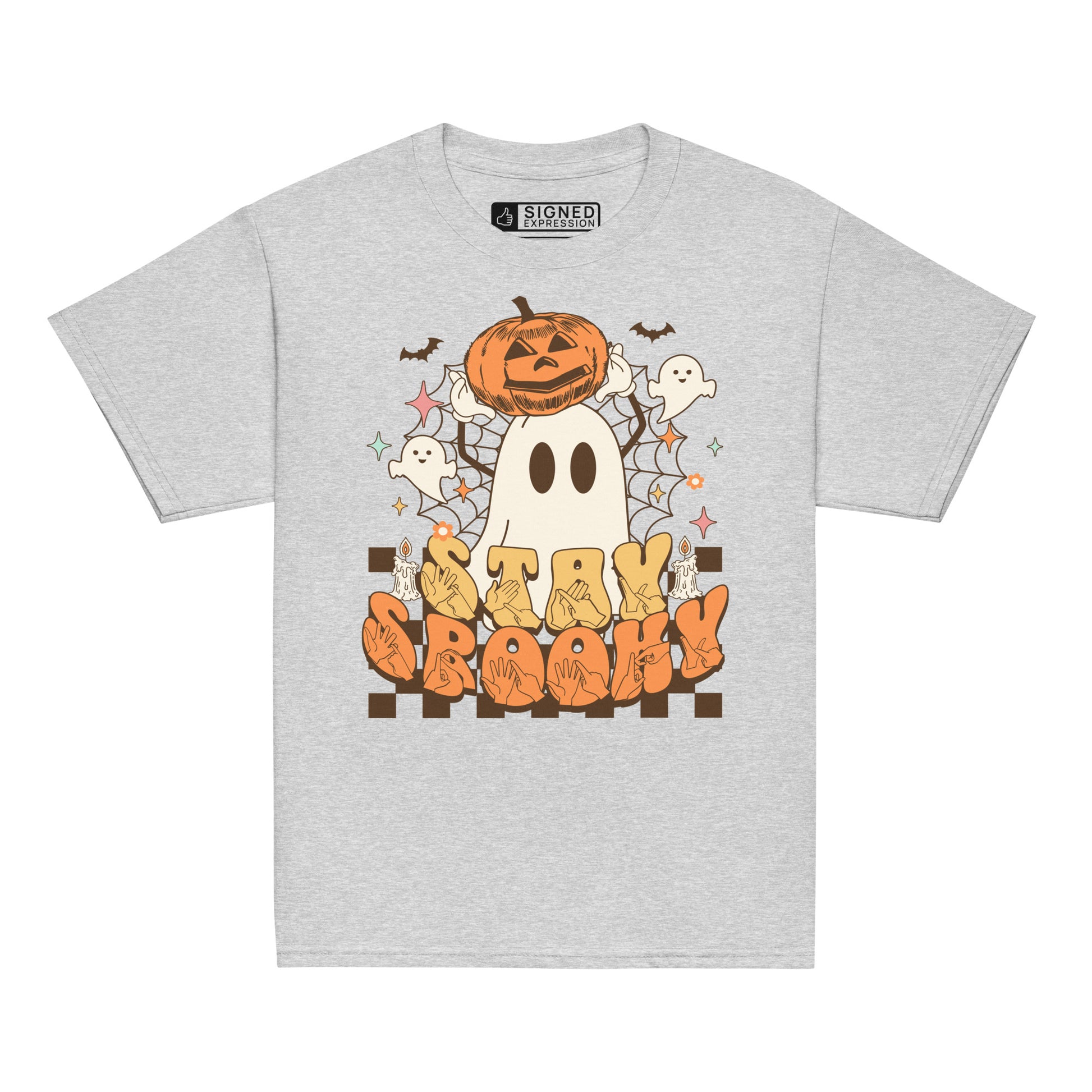Sports grey coloured kids Stay Spooky ghost pumpkin Halloween t-shirt with BSL design.
