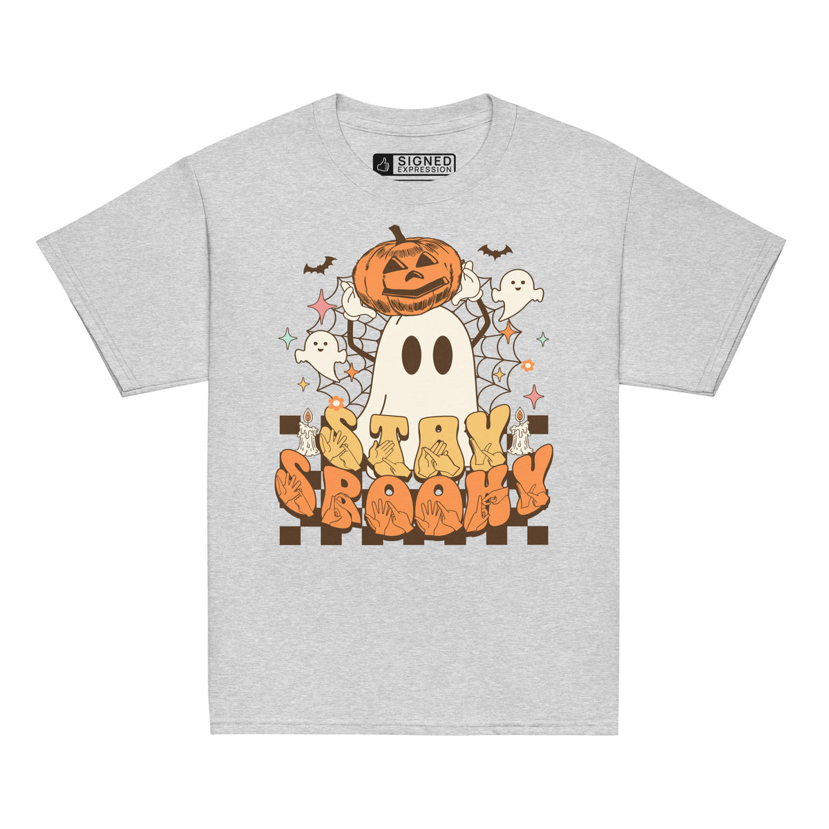 Sports grey coloured kids Stay Spooky ghost pumpkin Halloween t-shirt with BSL design.