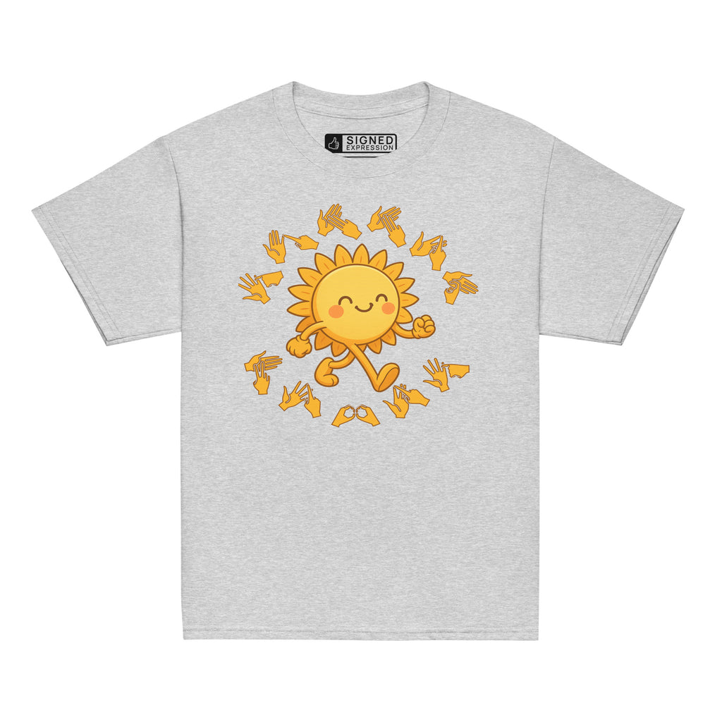 Sport grey kids' t-shirt with a cheerful sunshine character and the phrase "summer vibes" in bold BSL fingerspelling handshapes, in a lightly textured style.