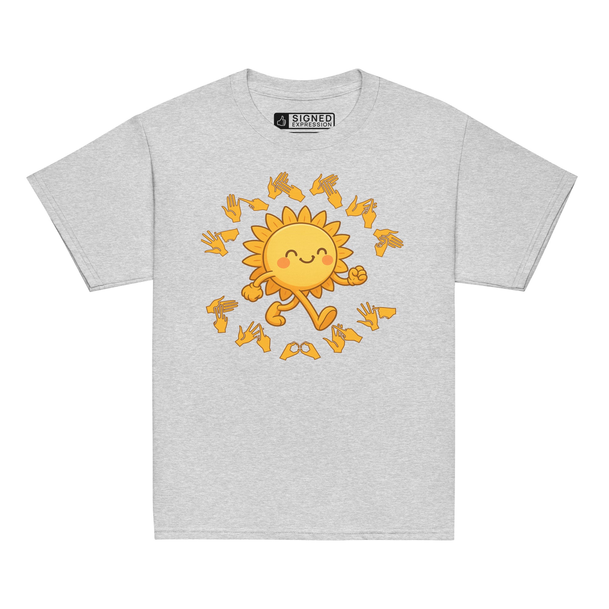 Sport grey kids' t-shirt with a cheerful sunshine character and the phrase "summer vibes" in bold BSL fingerspelling handshapes, in a lightly textured style.