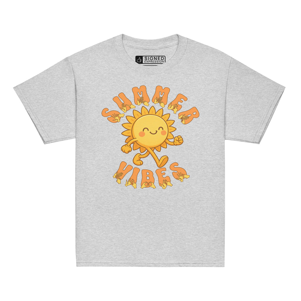 Sport grey kids’ t-shirt with a smiling cartoon sunshine and the phrase “summer vibes” in bold textured font, each letter showing British Sign Language fingerspelling underneath.
