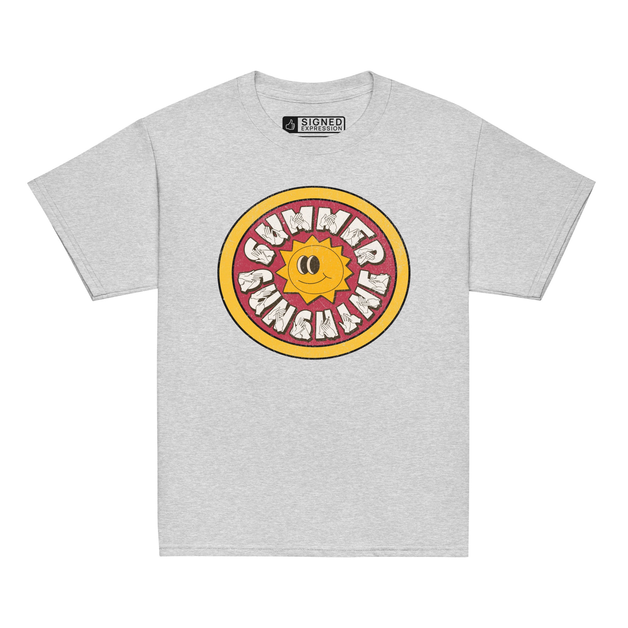 Sport grey t-shirt with a sun graphic and 'Summer Sunshine' text