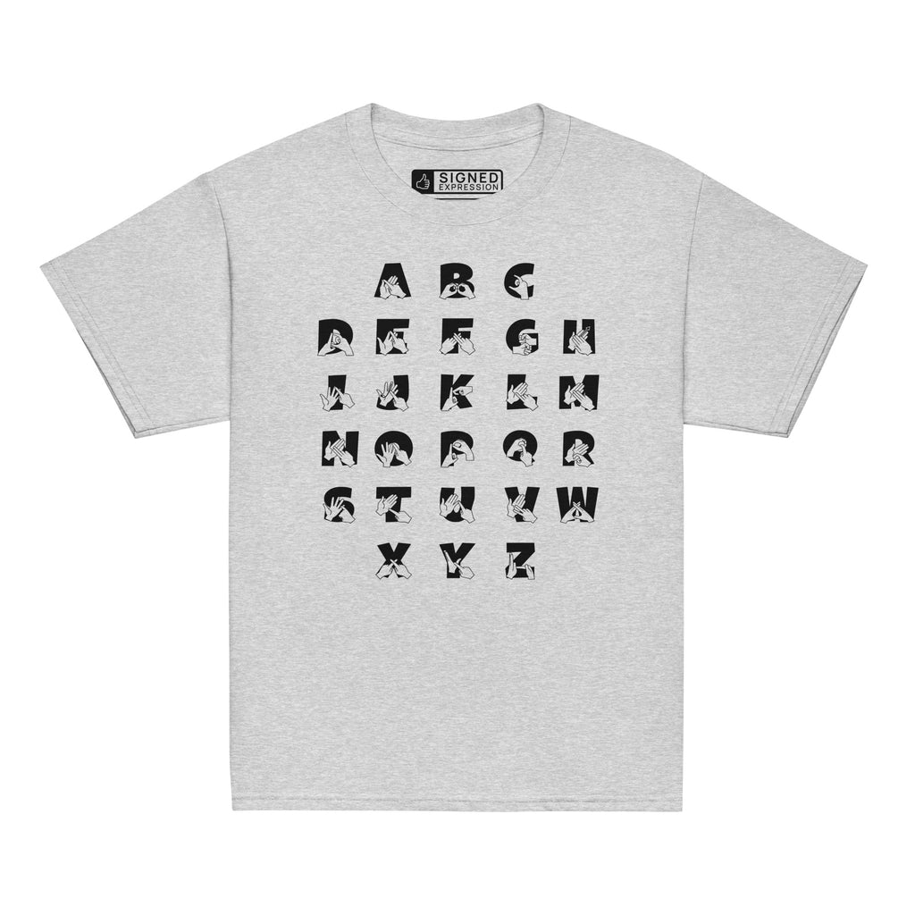 Front view of a sport grey t-shirt with BSL Alphabet - Black Fingerspelling & Text
