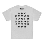 Front view of a sport grey t-shirt with BSL Alphabet - Black Fingerspelling & Text