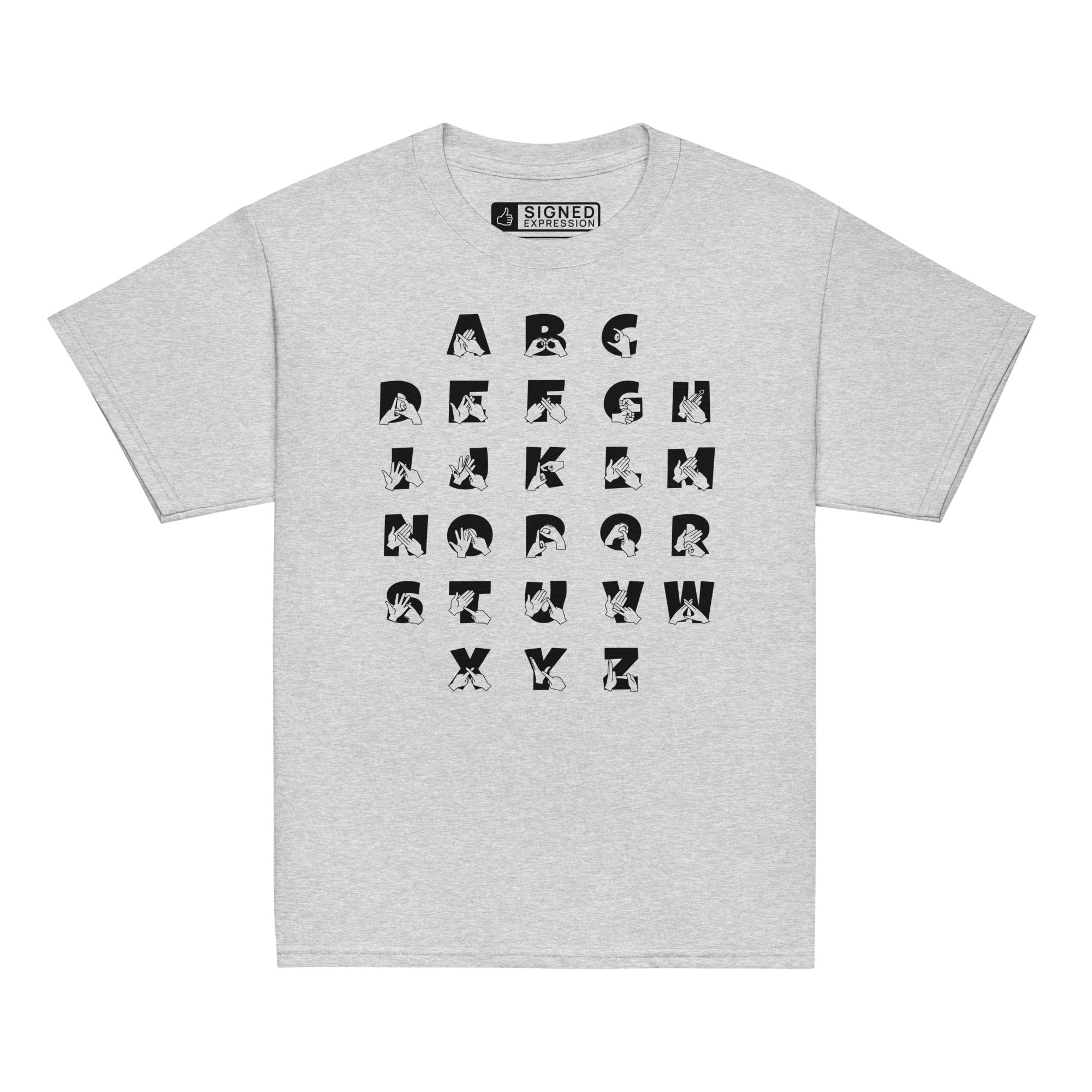 Front view of a sport grey t-shirt with BSL Alphabet - Black Fingerspelling & Text