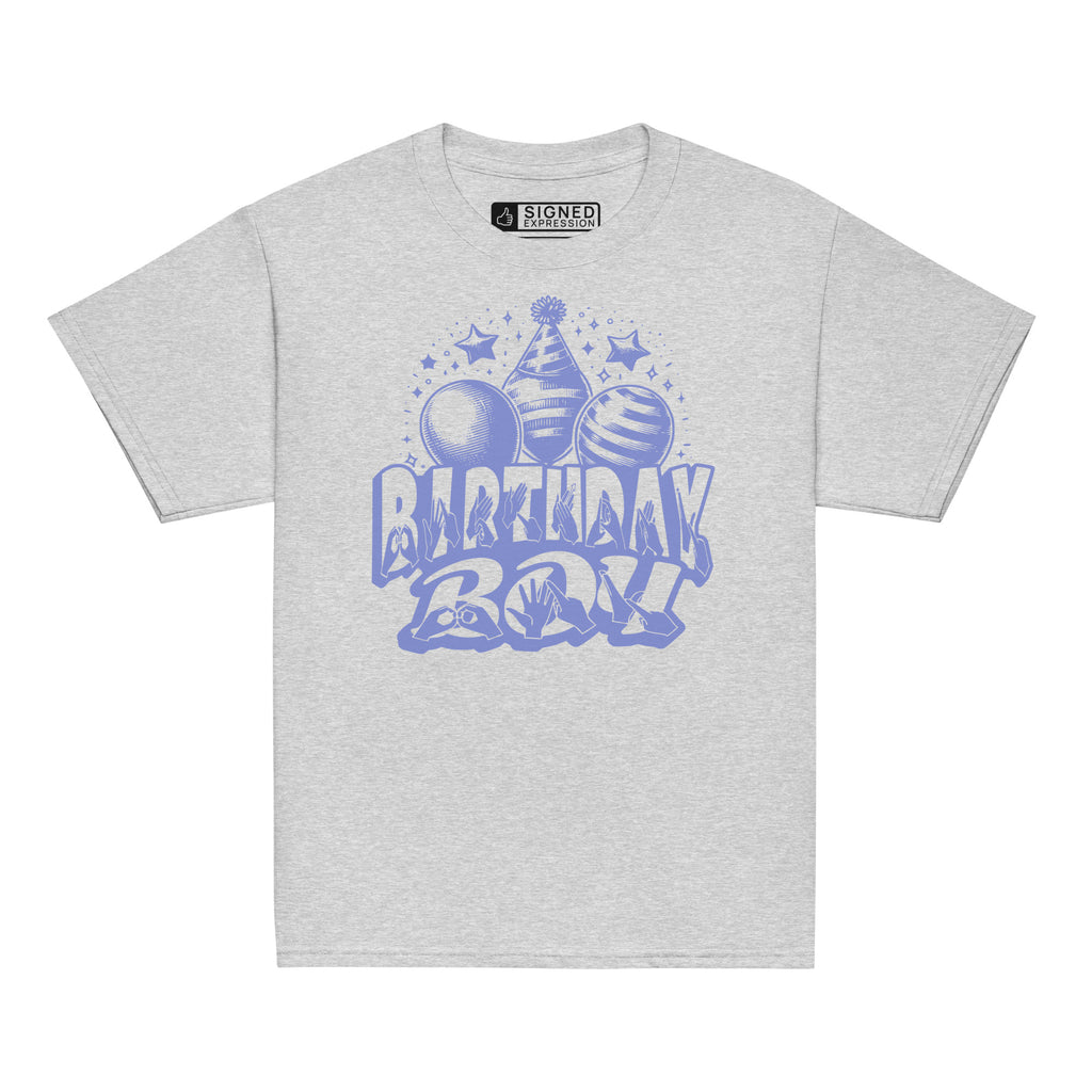 Sport grey kids' t-shirt with "Birthday Boy" in bold letters featuring British Sign Language fingerspelling, with blue balloons, stars, and a party hat above.