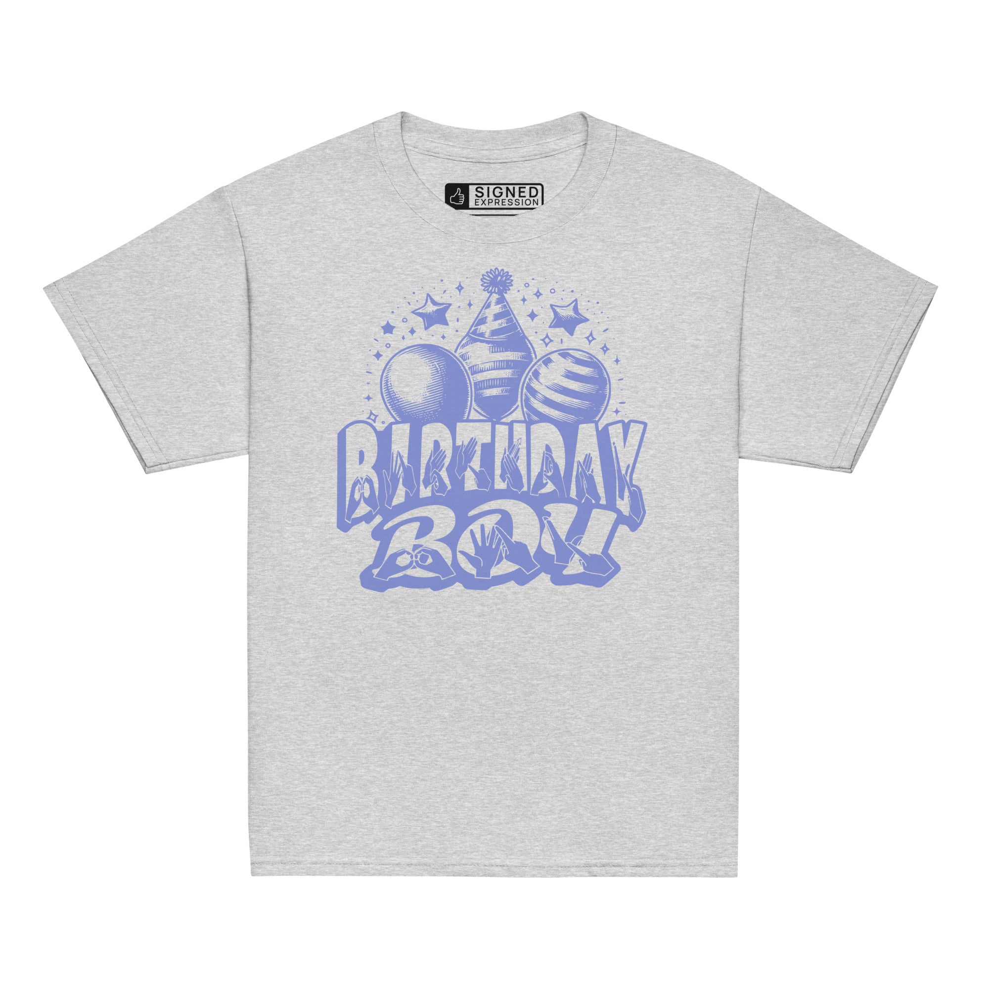 Sport grey kids' t-shirt with "Birthday Boy" in bold letters featuring British Sign Language fingerspelling, with blue balloons, stars, and a party hat above.
