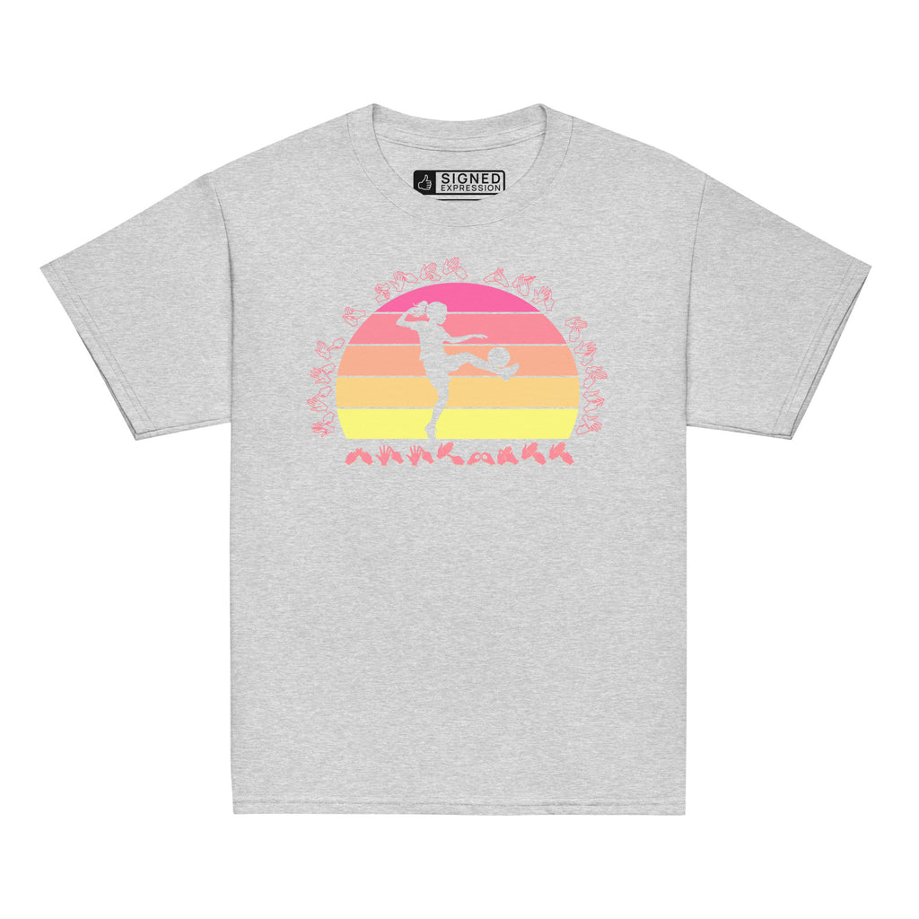 Sport grey t-shirt with the phrase "Just a Girl Who Loves Football" in BSL Fingerspelling featuring a colourful retro sunset and a silhouette of a boy kicking a football.