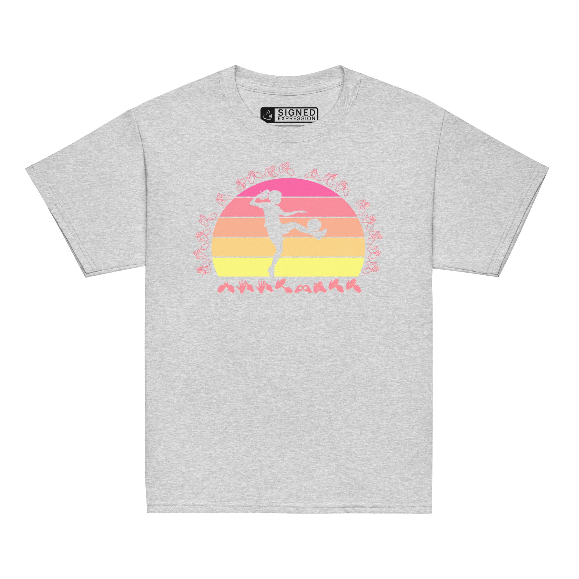 Sport grey t-shirt with the phrase "Just a Girl Who Loves Football" in BSL Fingerspelling featuring a colourful retro sunset and a silhouette of a boy kicking a football.
