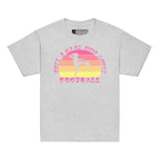 Sport grey t-shirt with the phrase "Just a Girl Who Loves Football" in BSL Fingerspelling and text featuring a colourful retro sunset and a silhouette of a boy kicking a football.