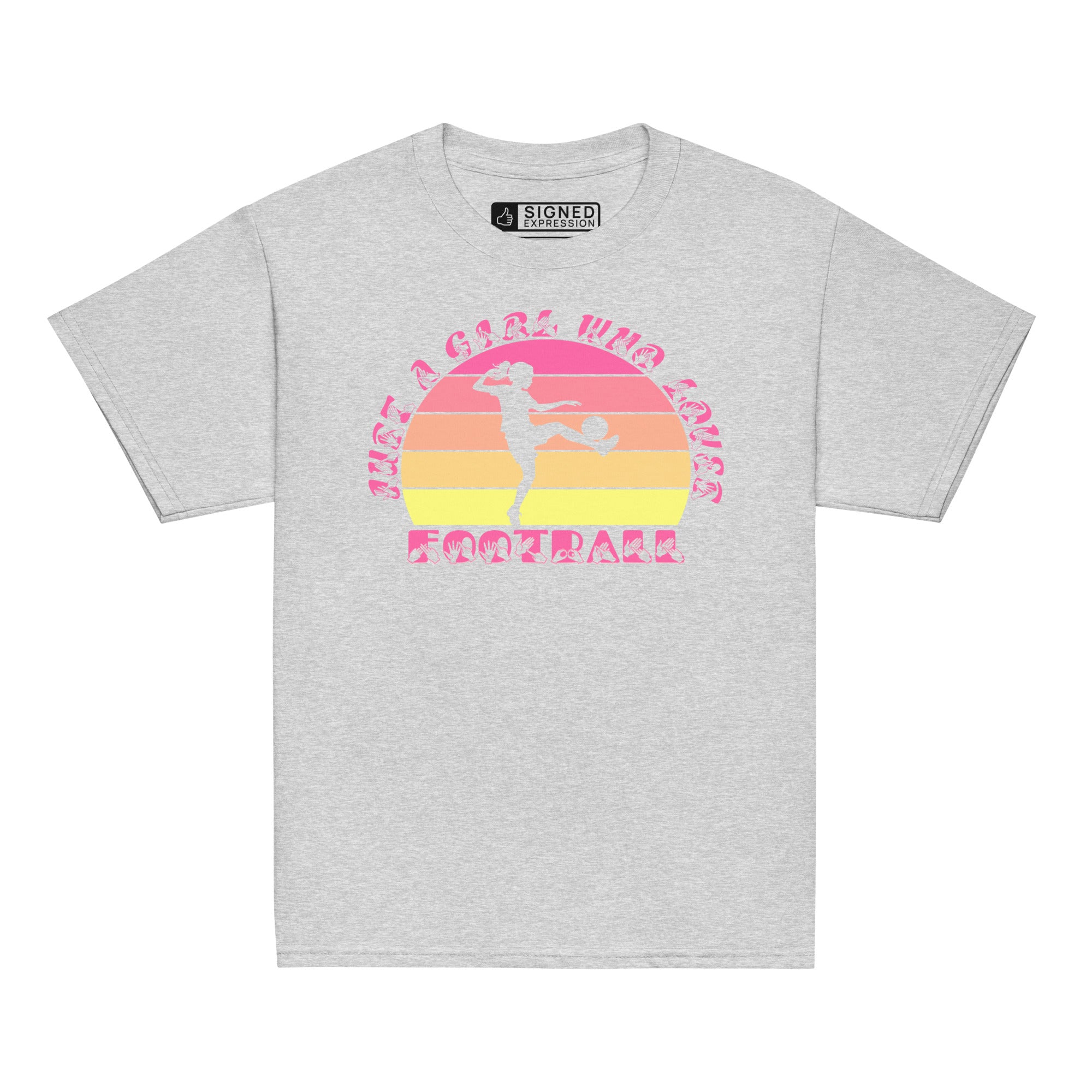 Sport grey t-shirt with the phrase "Just a Girl Who Loves Football" in BSL Fingerspelling and text featuring a colourful retro sunset and a silhouette of a boy kicking a football.