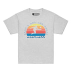 Sport grey t-shirt with the phrase "Just a Boy Who Loves Football" in BSL Fingerspelling  featuring a colourful retro sunset and a silhouette of a boy kicking a football.