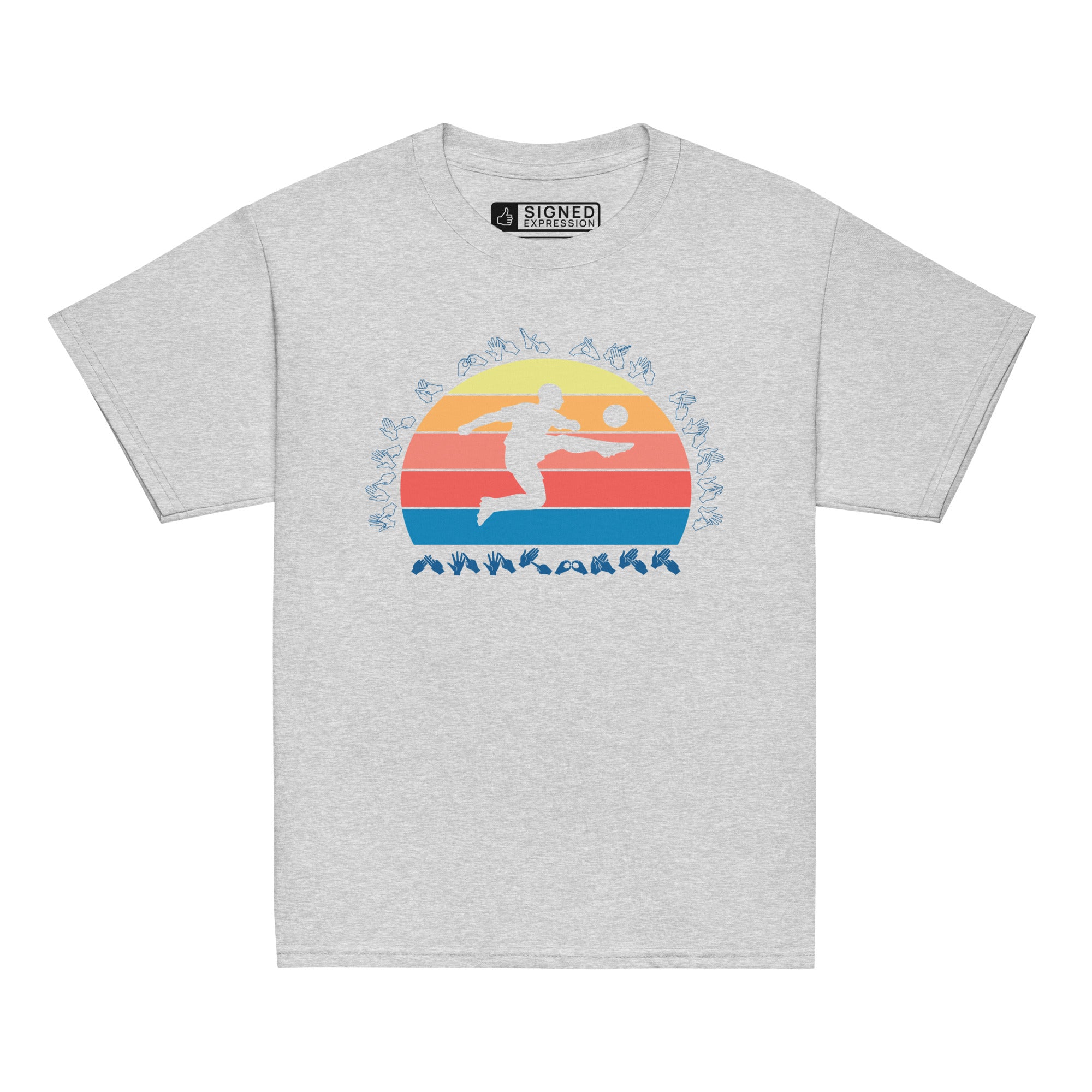 Sport grey t-shirt with the phrase "Just a Boy Who Loves Football" in BSL Fingerspelling  featuring a colourful retro sunset and a silhouette of a boy kicking a football.