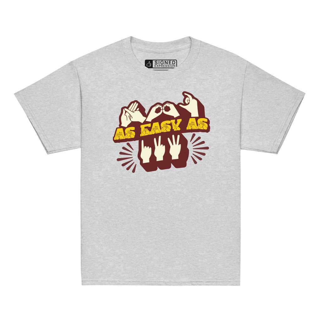 Sport grey T-Shirt with ‘ABC As Easy As 123’ in BSL fingerspelling and text characters
