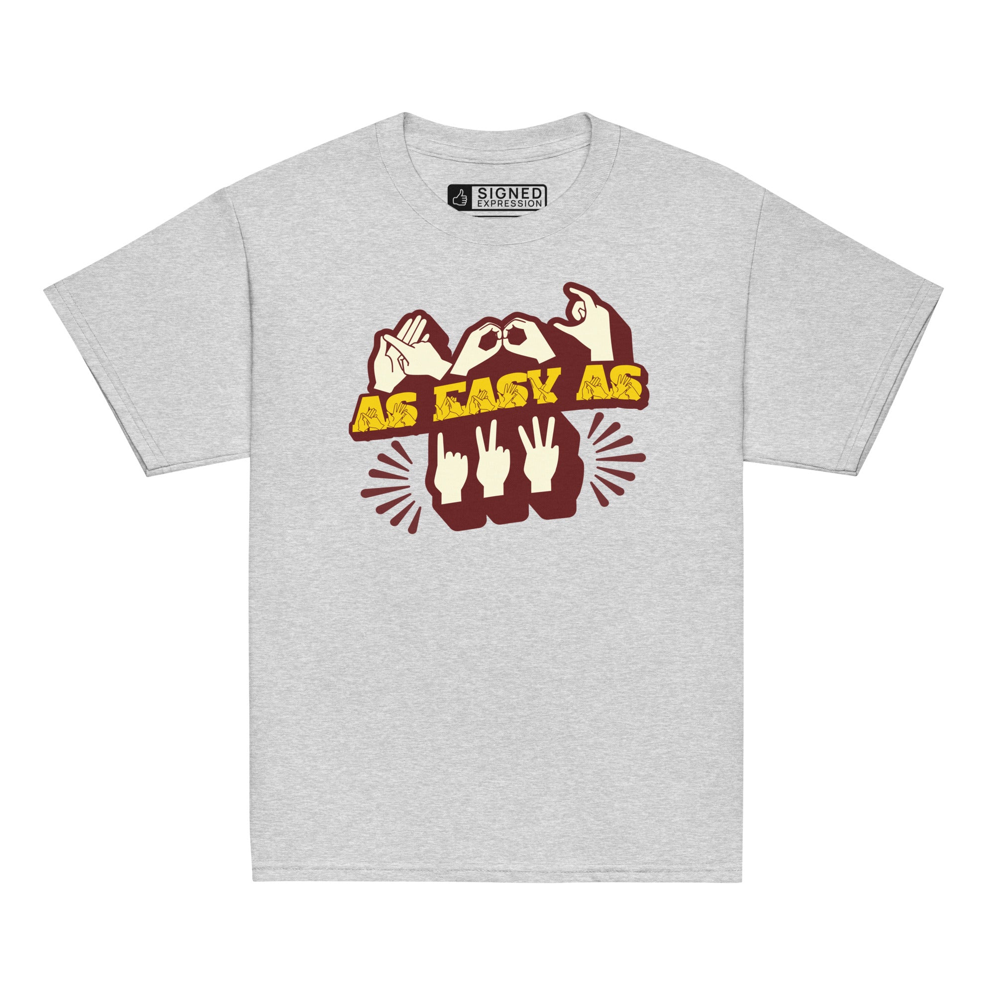 Sport grey T-Shirt with ‘ABC As Easy As 123’ in BSL fingerspelling and text characters