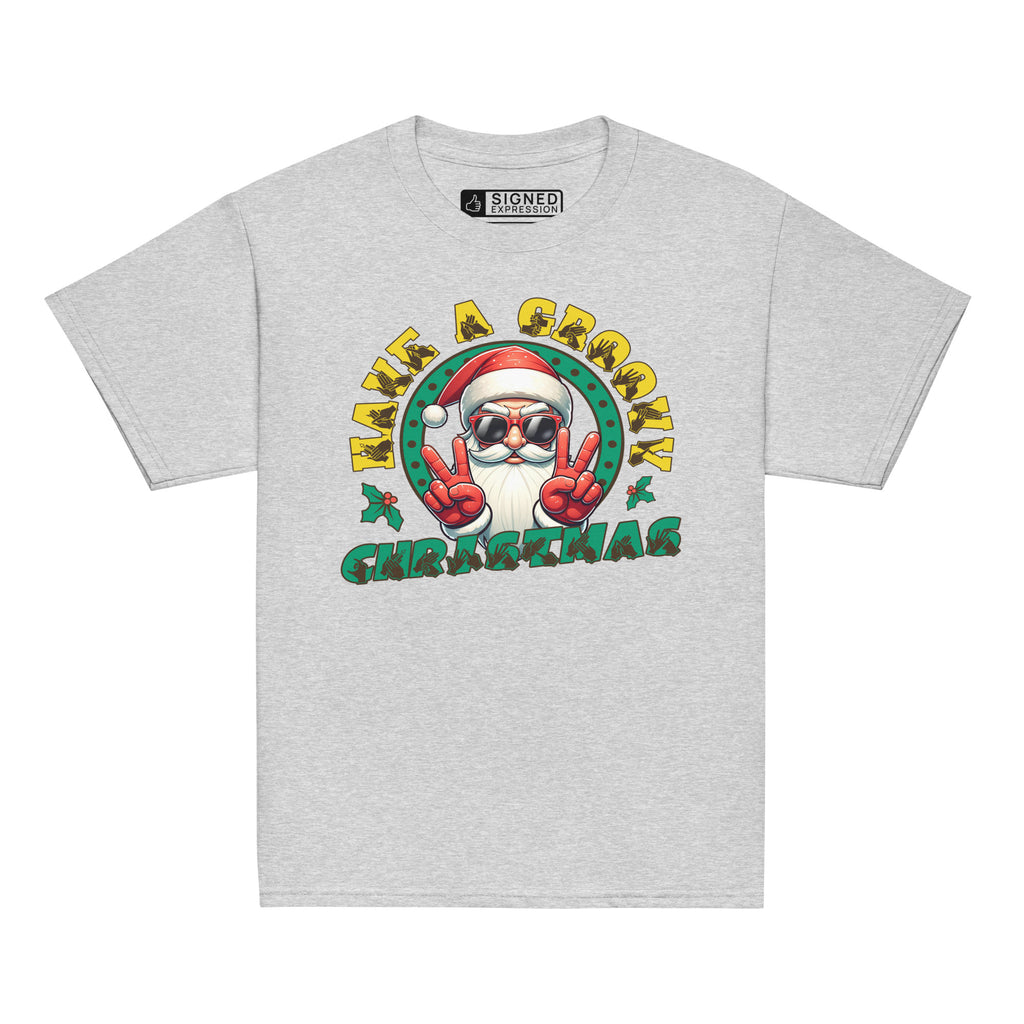 Sport grey coloured Have A Groovy Christmas kids t-shirt with BSL design.