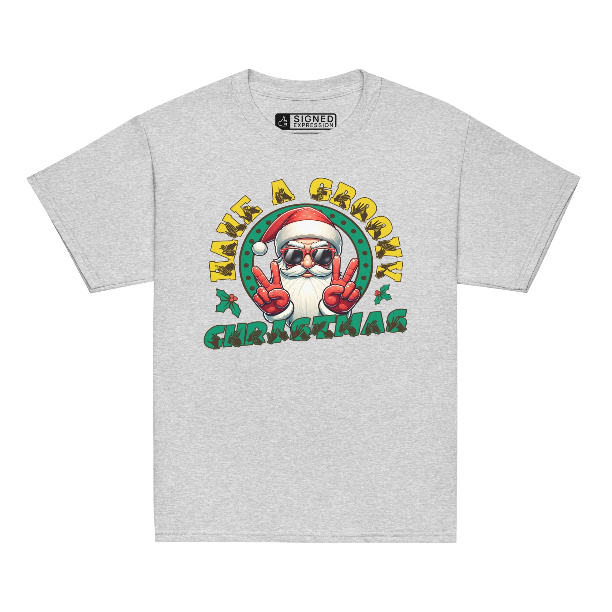 Sport grey coloured Have A Groovy Christmas kids t-shirt with BSL design.