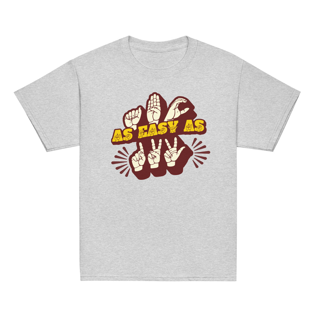 Sport grey T-Shirt with ‘ABC As Easy As 123’ in ASL fingerspelling and text characters