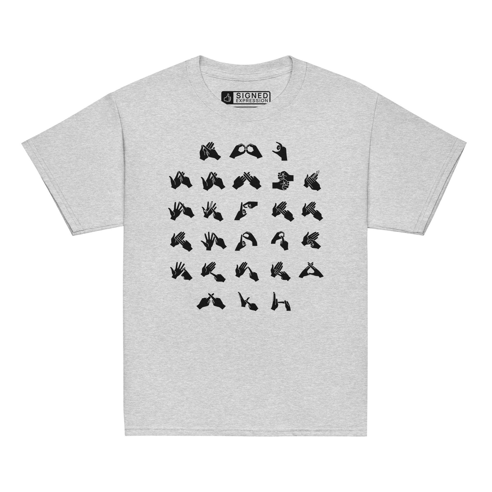 Front view of a sport grey t-shirt with BSL Alphabet - Black Fingerspelling