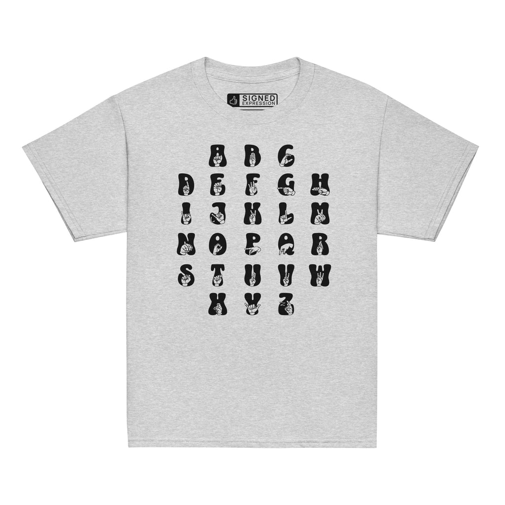 Front view of a sport grey t-shirt with ASL Alphabet - Black Fingerspelling & Text